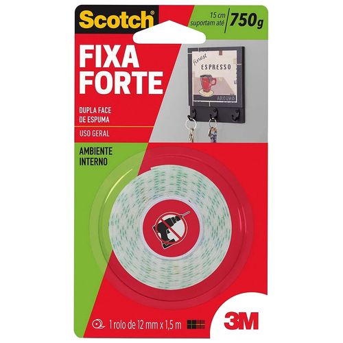 Fita Dupla Face 3M™ Scotch® Fixa Forte Espuma 12mm x 1,5metros