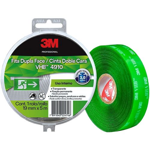 Fita 3M™ VHB™ Dupla-Face de Adesivo Transferível 4910 Transparente 19mm x 5metros Embalagem Estojo