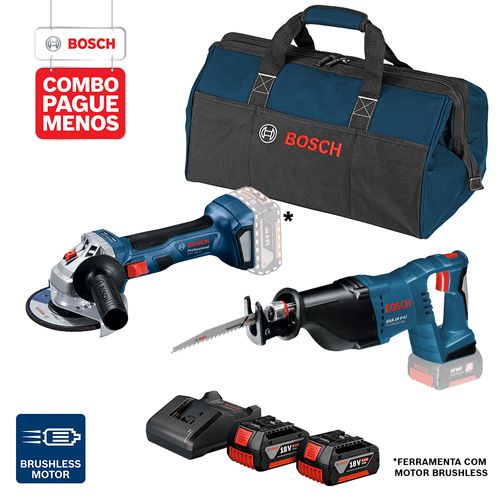 Combo Pague Menos Bosch 18V - Esmerilhadeira + Serra Sabre + 2 Baterias + Carregador + Bolsa