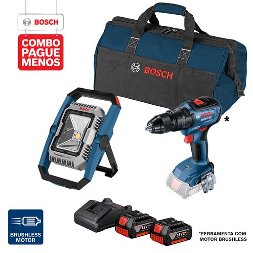 Combo Pague Menos Bosch 18V - Lanterna + Parafusadeira/Furadeira + 2 Baterias + Carregador + Bolsa