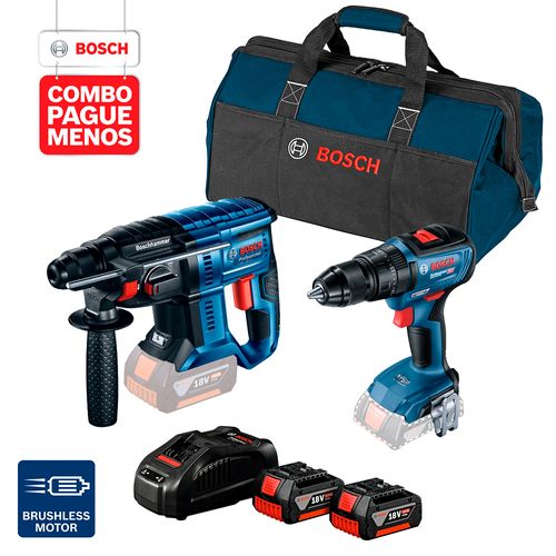 Combo Pague Menos Bosch 18V – Parafusadeira/Furadeira + Martelete + 2 Baterias + Carregador + Bolsa