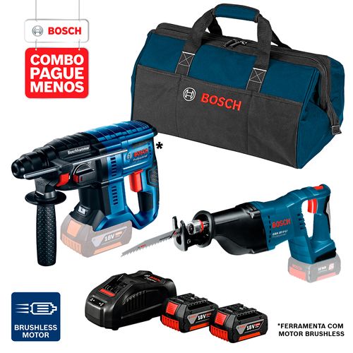 Combo Pague Menos Bosch 18V - Martelete + Serra Sabre + 2 Baterias + Carregador + Bolsa