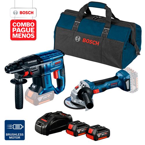 Combo Pague Menos Bosch 18V - Esmerilhadeira + Martelete + 2 Baterias + Carregador + Bolsa