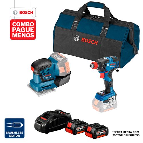 Combo Pague Menos Bosch 18V - Chave de Impacto + Lixadeira + 2 Baterias + Carregador + Bolsa