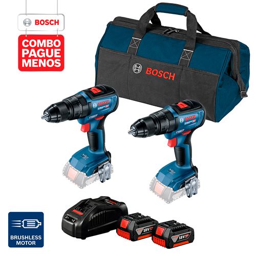 Combo Pague Menos Bosch 18V - Parafusadeira/Furadeira + Parafusadeira/Furadeira + 2 Baterias + Carregador + Bolsa