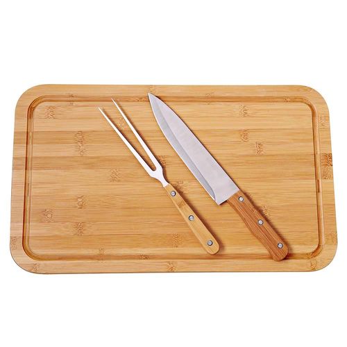 Conjunto Para Churrasco Bamboo 3 Peças Garfo Faca e Tábua Mor