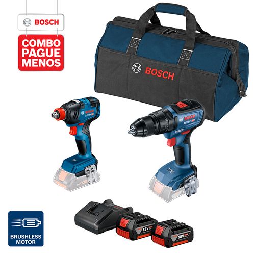 Combo Pague Menos Bosch 18V – Parafusadeira/Furadeira + Chave de Impacto + 2 Baterias + Carregador + Bolsa