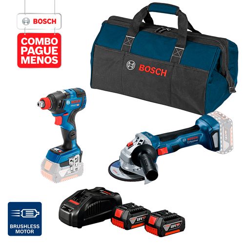 Combo Pague Menos Bosch 18V - Esmerilhadeira + Chave Impacto + 2 Baterias + Carregador + Bolsa