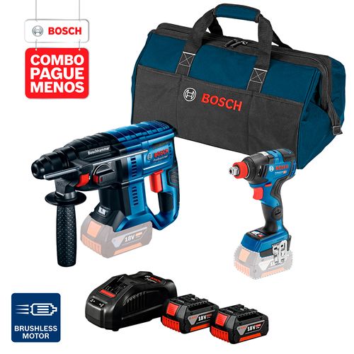 Combo Pague Menos Bosch 18V - Chave de Impacto + Martelete + 2 Baterias + Carregador + Bolsa