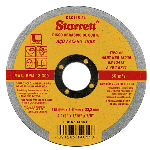 Disco de Corte de 4.1/2 Pol. Para Aço Inox DAC115-24 Starrett