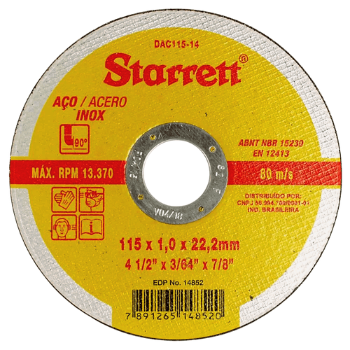 Disco de Corte de 4.1/2 Pol. Para Aço Inox DAC115-14 Starrett
