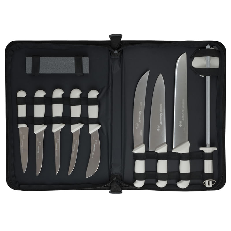 Estojo-de-Facas-Profissionais-Para-Carne-Inox-Com-11-Pecas-de-Cabo-Branco-BKK-11W-Starrett