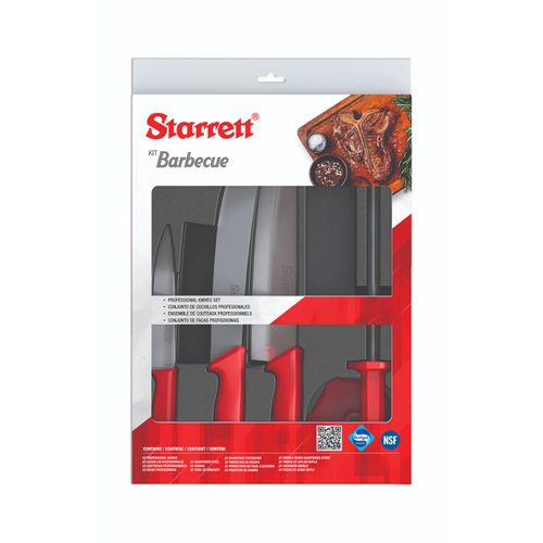 Kit Para Churrasco Barbecue Com 5 Peças Com 3 Facas - Chaira - Pedra de Afiar de Cabo Vermelho BKK-6R Starrett