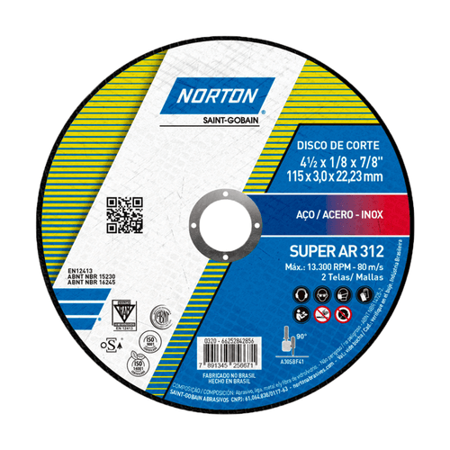 Disco de Corte para Aço Carbono e Inox 115 x 3.2 x 22.23mm AR312 Super Norton