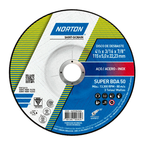 Disco Desbaste de Aço e Inox 115 x 4.8 x 22.23mm BDA50 Super Norton