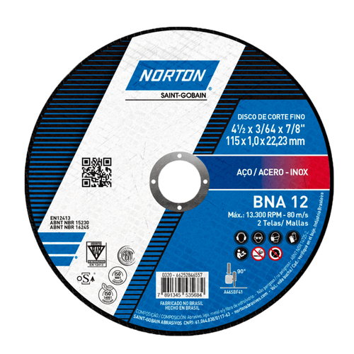 Disco de Corte para Metal e Inox 115 x 1,0 x 22,23mm BNA12 Norton