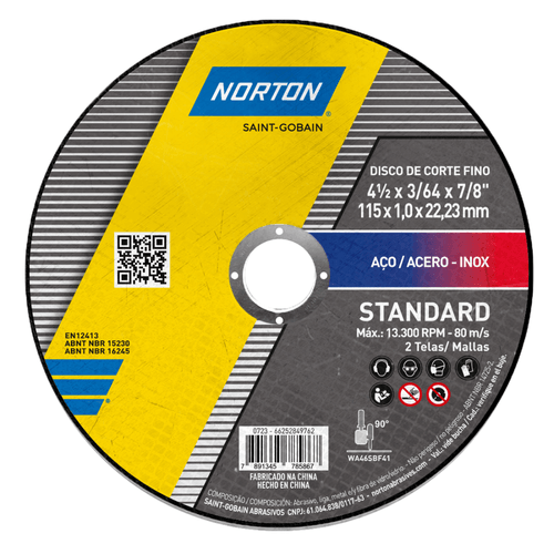Disco de Corte para Aço Inox 115 X 1.0 X 22.23mm 66252849762 Standard Norton