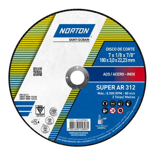 Disco de Corte para Aço Carbono e Inox 180 x 3.2 x 22.23mm AR312 Super Norton