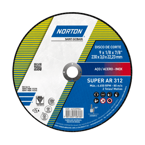 Disco de Corte para Aço Carbono e Inox 230 x 3.2 x 22.23mm AR312 Super Norton