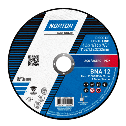 Disco de Corte para Aço Carbono e Inox 115 x 1.6 x 22.23mm BNA12 Norton