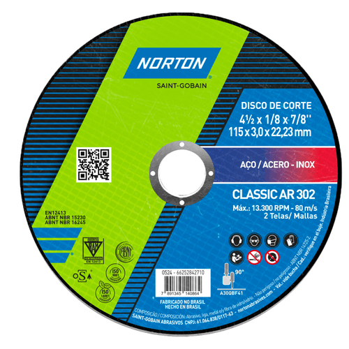 Disco de Corte para Aço Carbono e Inox 115 x 3.2 x 22.23mm AR302 Classic Norton