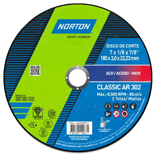 Disco de Corte para Aço Carbono e Inox 180 x 3.2 x 22.23mm AR302 Classic Norton