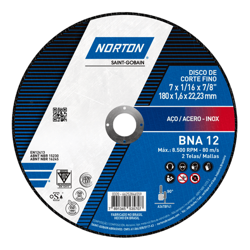 Disco de Corte para Aço Carbono e Inox 180 x 1.6 x 22.23mm BNA12 Norton