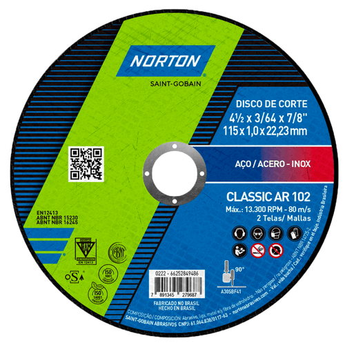 Disco de Corte para Aço Carbono e Inox 115 x 1.0 x 22.23mm AR102 Classic Norton
