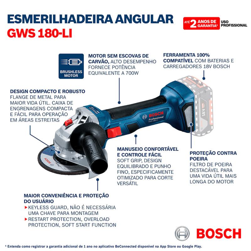 Esmerilhadeira-Bosch-a-Bateria-GWS-180-LI-18V-Motor-sem-Escovas-de-Carvao-com-2-baterias-4.0Ah-e-Carregador-18V
